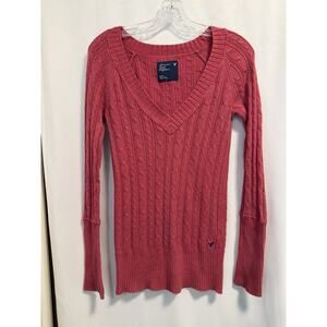 American Eagle | Y2K Womens Long Sleeve Cable Knit V-Neck Sweater- Medium
